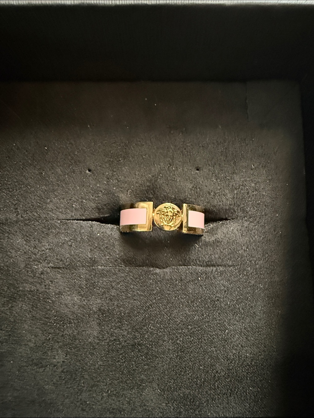 Versace Gold-Tone Ring with Pink Enamel Accents